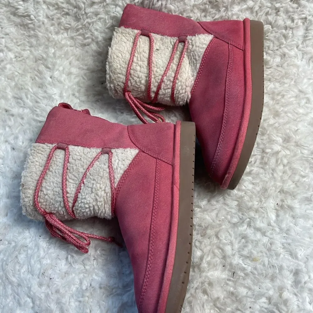 Kookaburra by UGG leather pink Girl winter boots beige fur lace up accent SZ3
